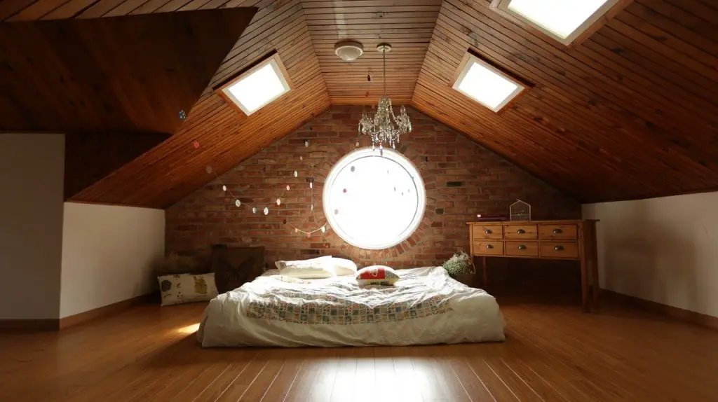 Zimmer Dachschräge Bett Lampe Dachfenster